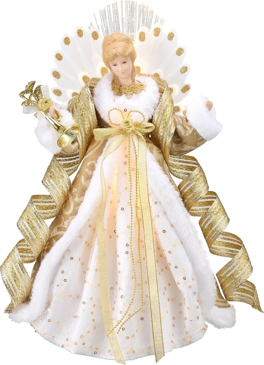 Lighted Christmas Tree Topper Angel with Timer, 12 Inch Luxury White Gold Fabric Small Angel Tree Topper with Lights for Christmas Tree Decoration Indoor, Battery Operated